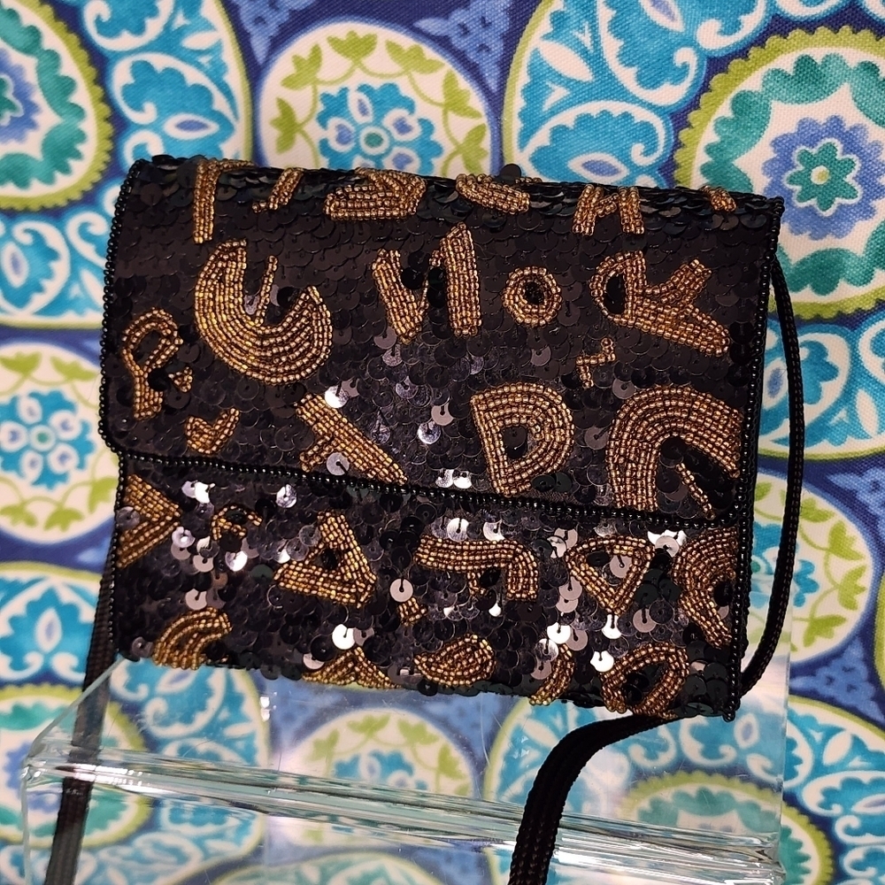 Vintage Black Gold Beaded Sequin Sparkly Alphabet Evening Clutch Cocktail Purse